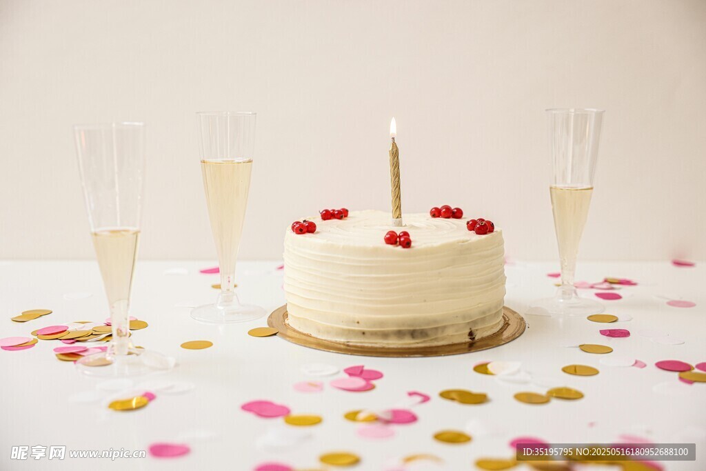 生日蛋糕配香檳與彩屑