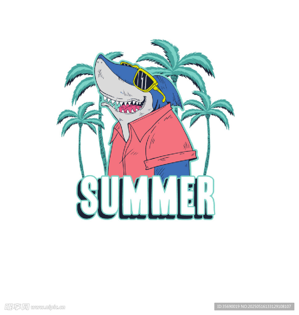 夏日鯊魚卡通形象插畫