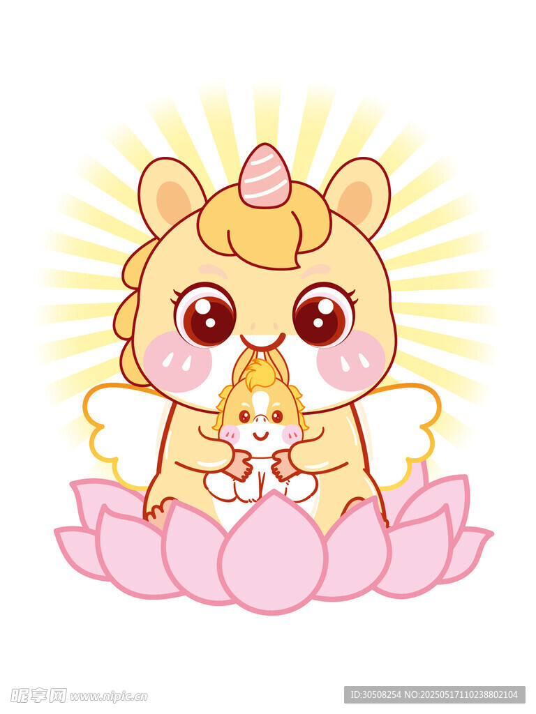 翅膀生肖馬蓮花抱小馬卡通插畫