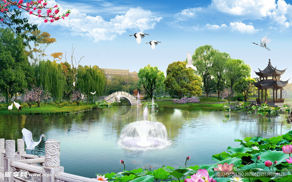 湖畔美景 噴泉樓閣與繁花