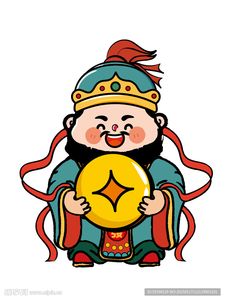 財神抱金幣笑哈哈卡通插畫圖片