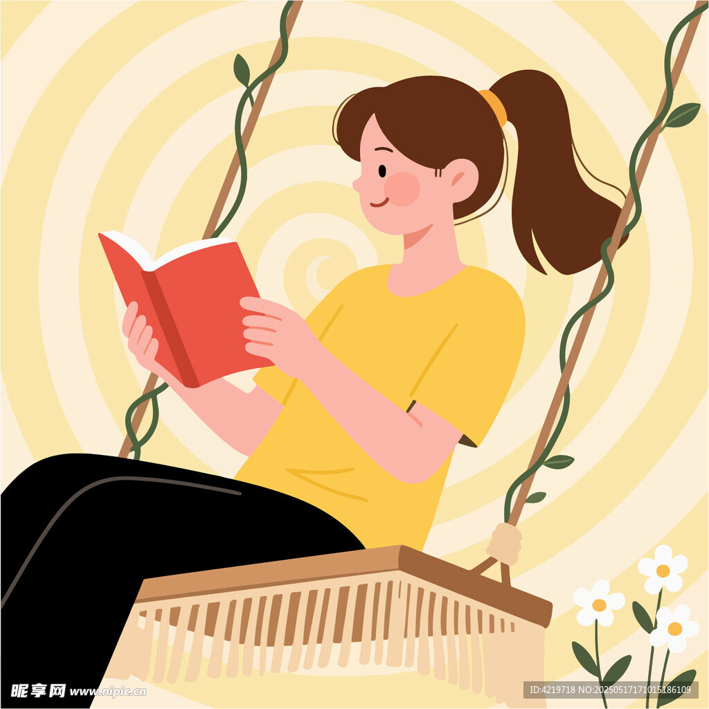 女孩愜意地在秋千上讀書