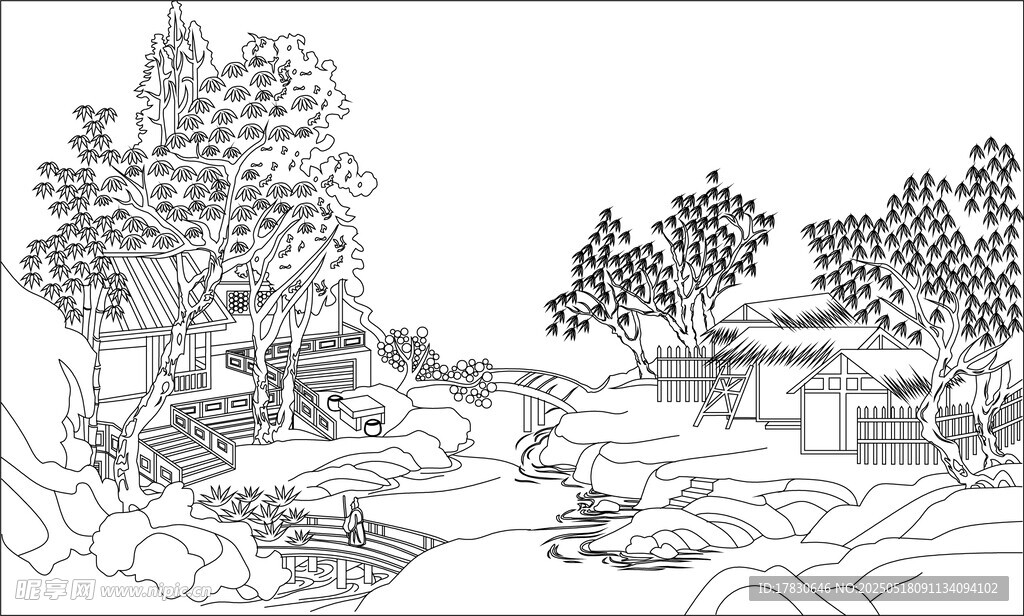 中式山水風(fēng)景線稿圖