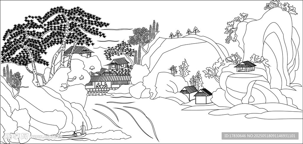 水墨山水風(fēng)景線稿圖