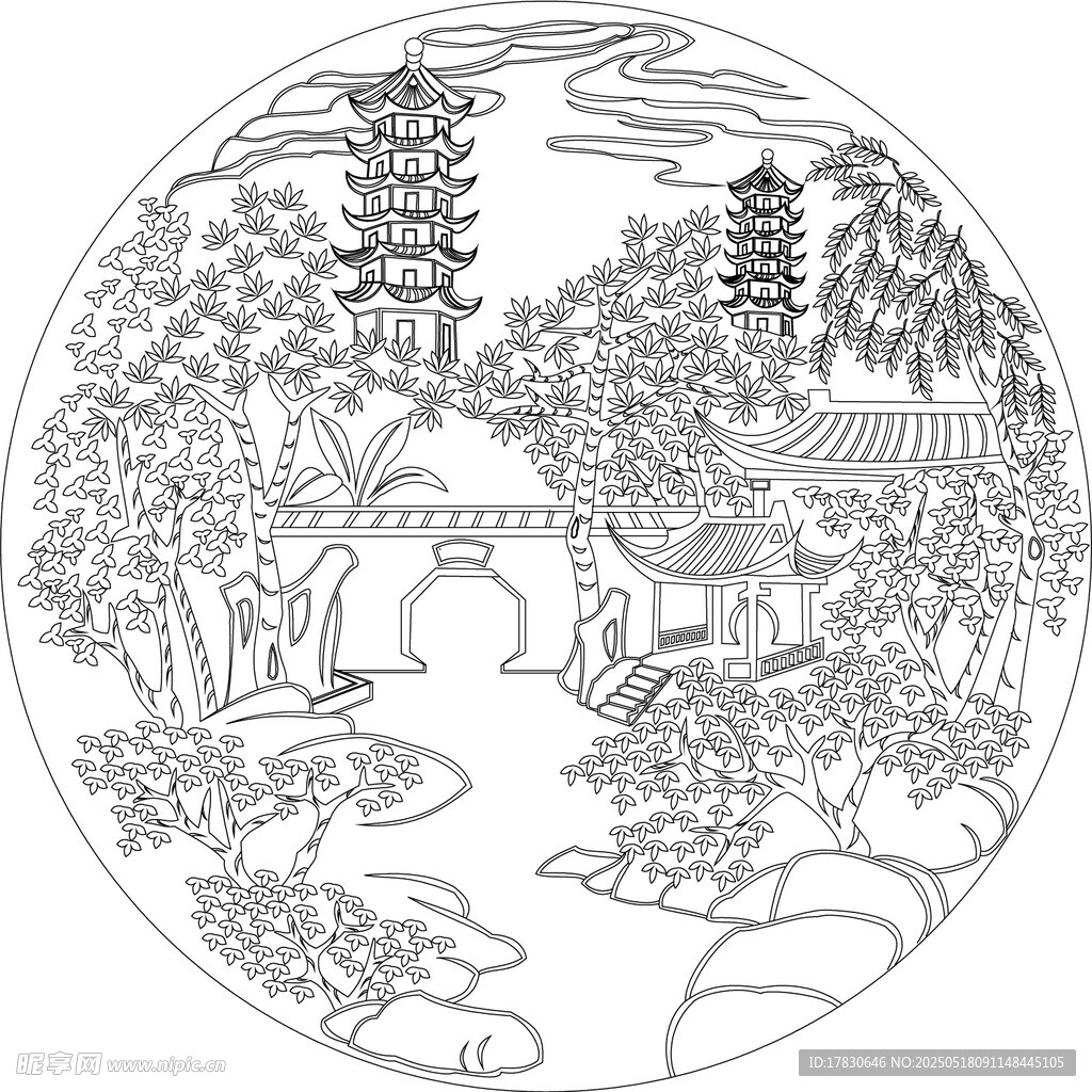 中式園林線描圓形圖案