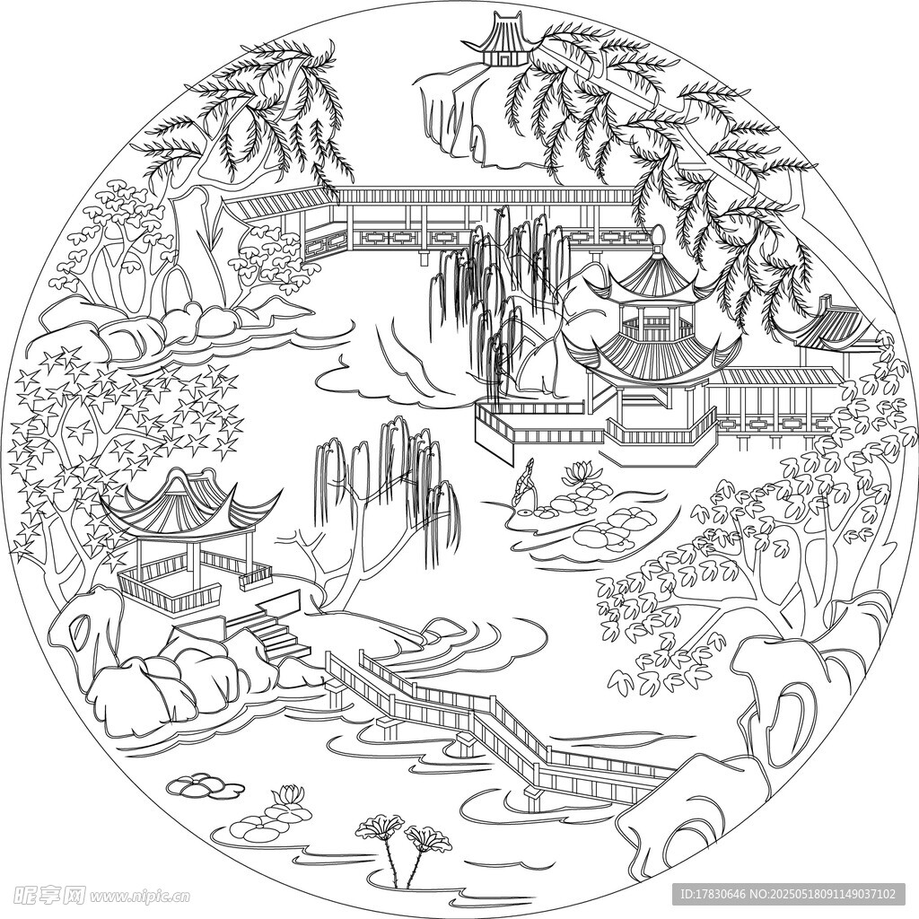 中式山水圓形線描圖案