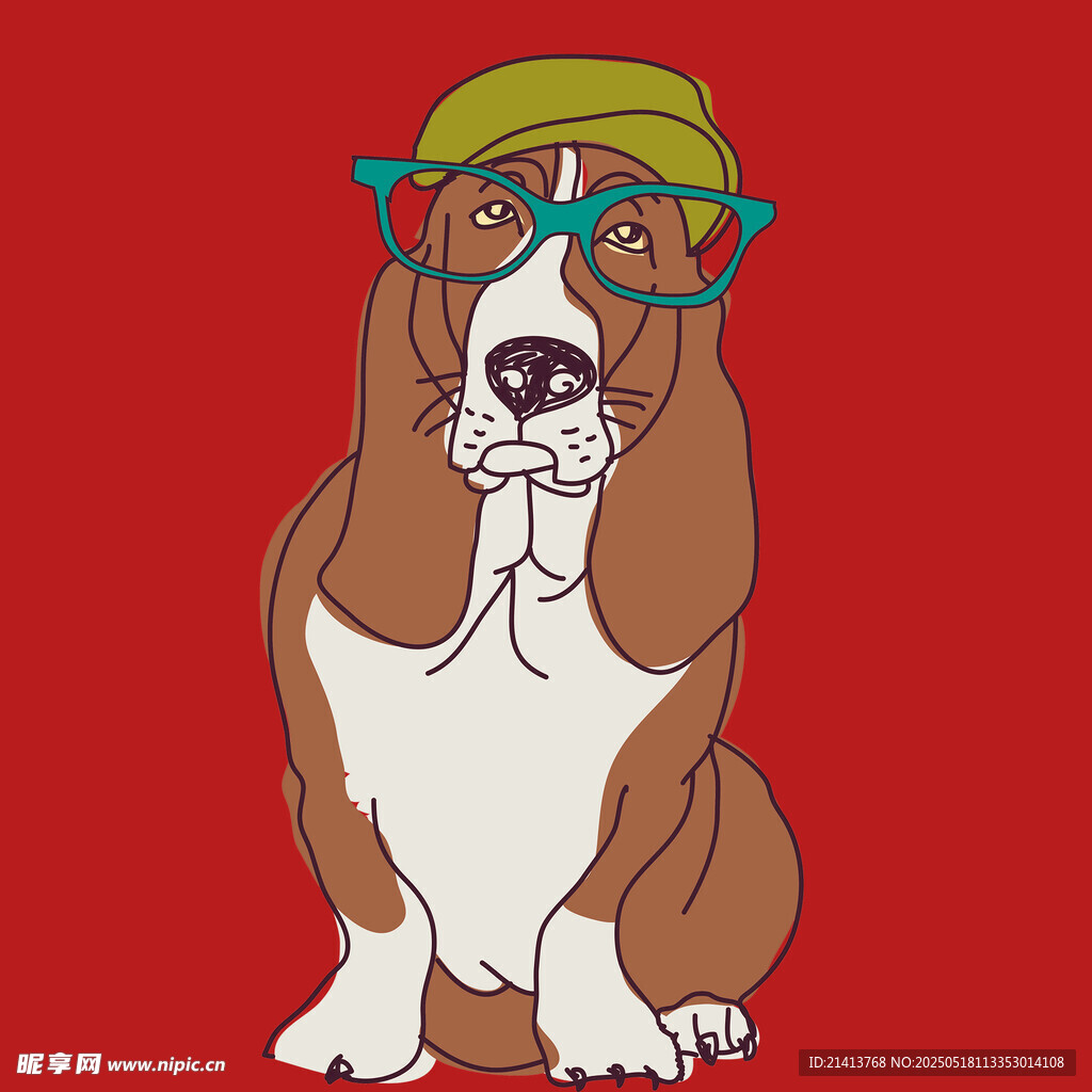 戴帽眼鏡巴吉度犬插畫