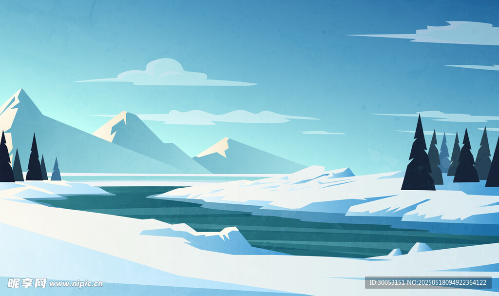 冬日雪景中的山林與河流
