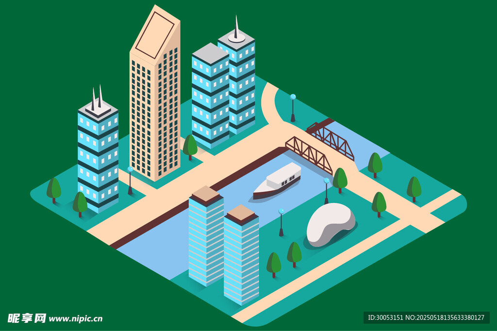 城市建筑等距風格景觀插畫