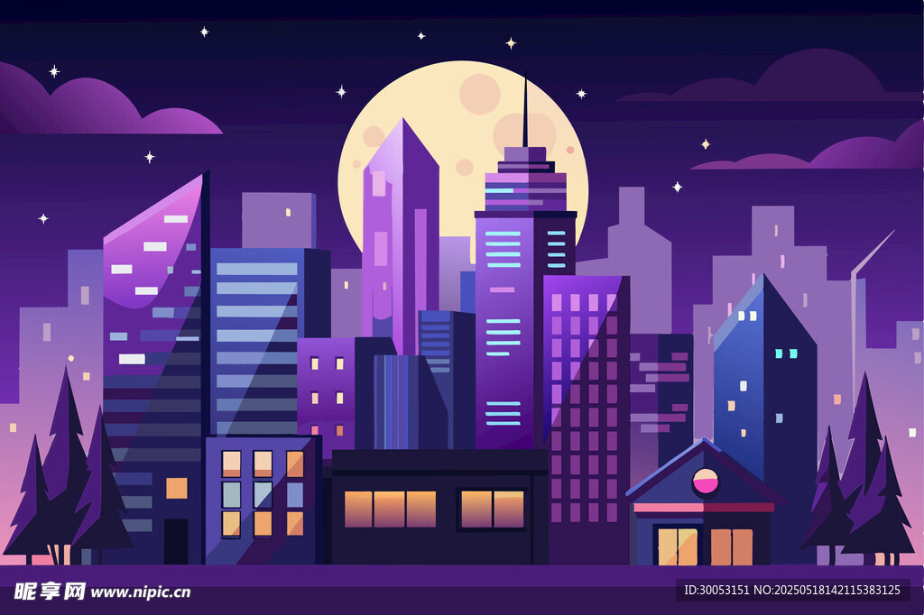 夢幻都市夜景插畫
