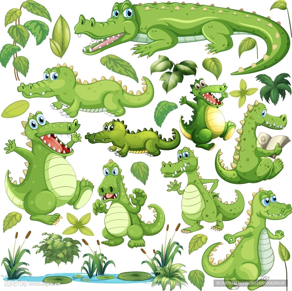 可愛鱷魚與熱帶植物插畫