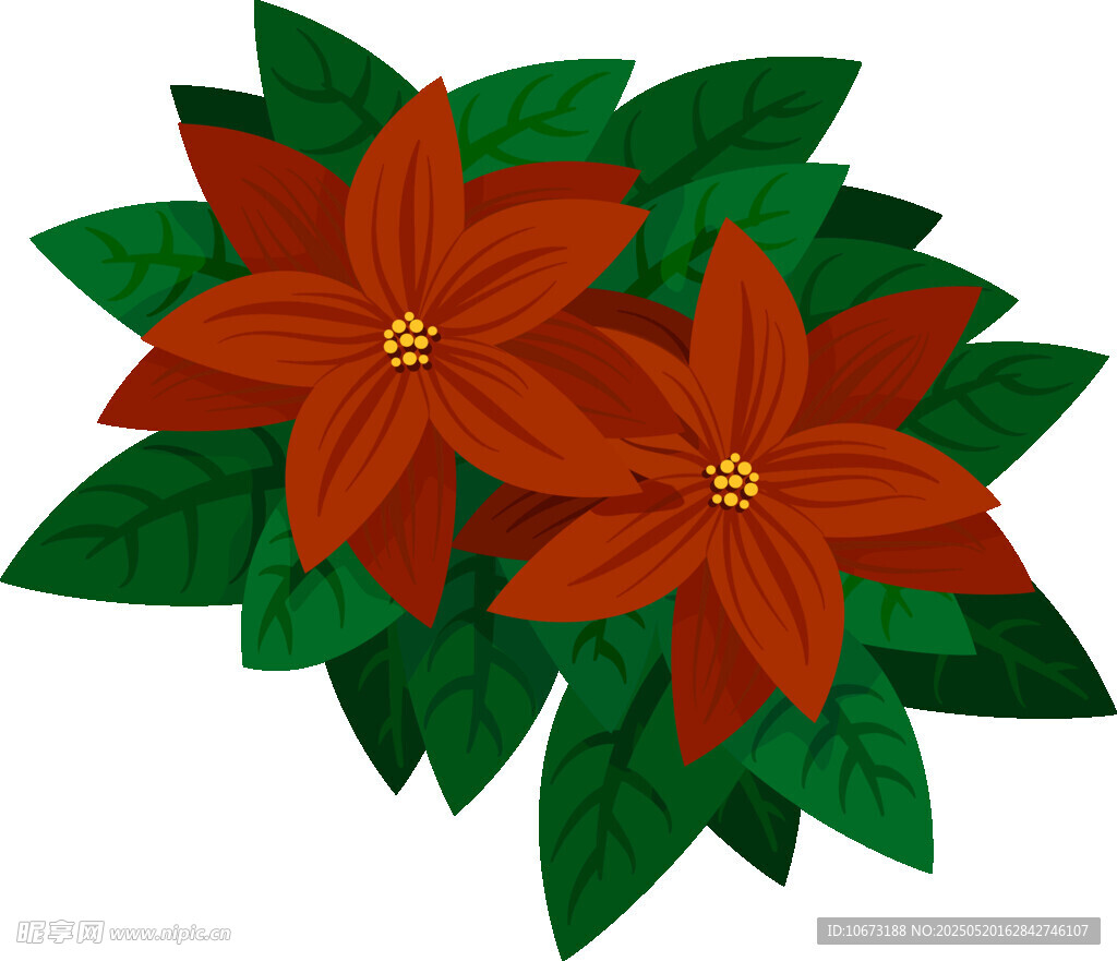 紅色花朵與綠葉插畫