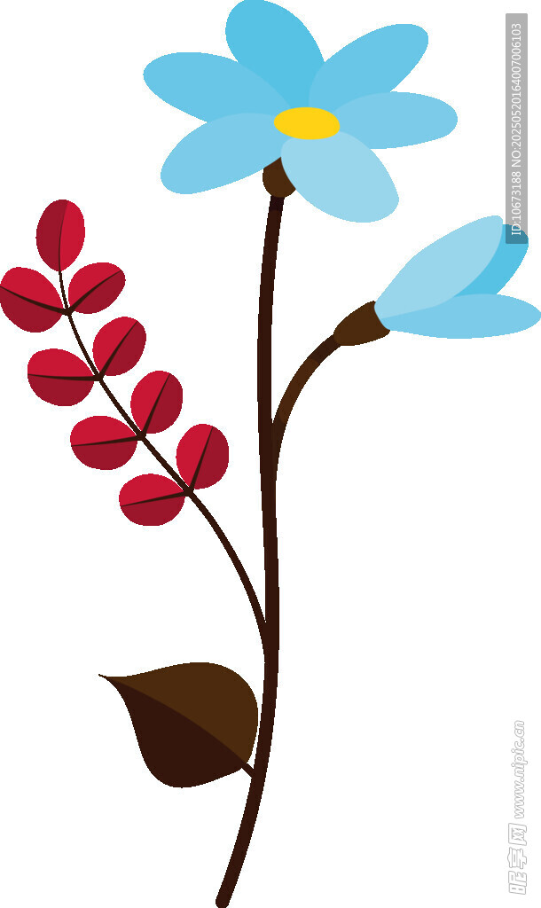 藍色小花與紅色漿果插畫