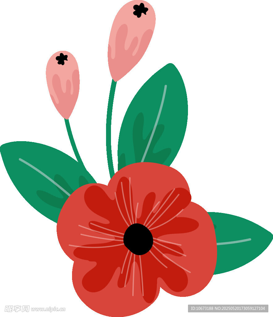 紅色花朵與綠葉插畫