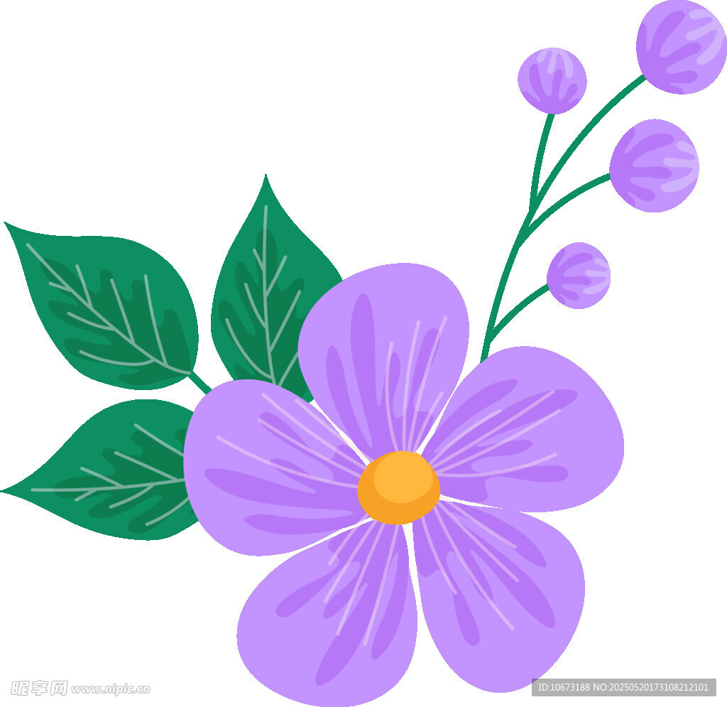 紫色花朵與綠葉插畫