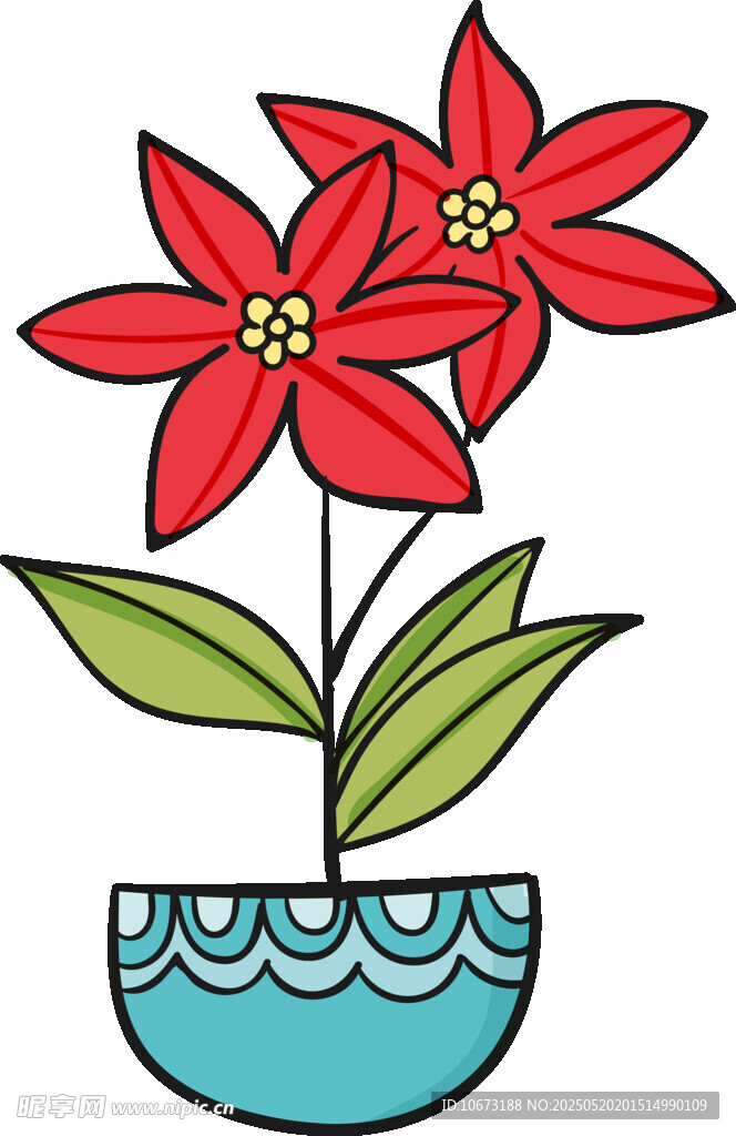 藍(lán)色花盆中的紅色花卉