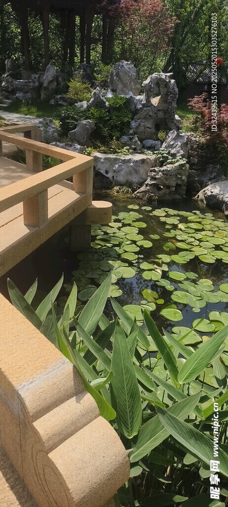 中式園林木橋花卉景觀