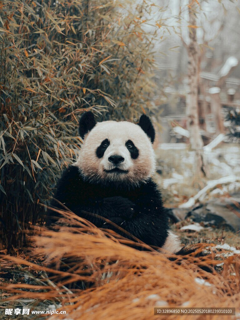 林間熊貓坐于枯草之中