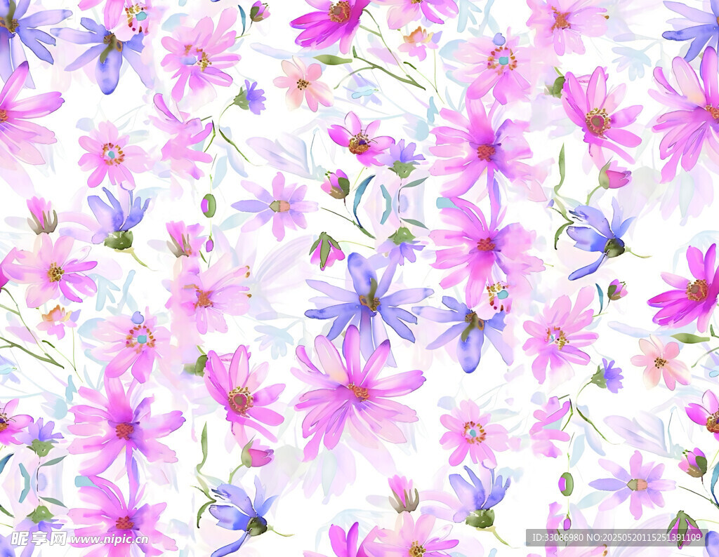 夢(mèng)幻水彩花卉無(wú)縫圖案