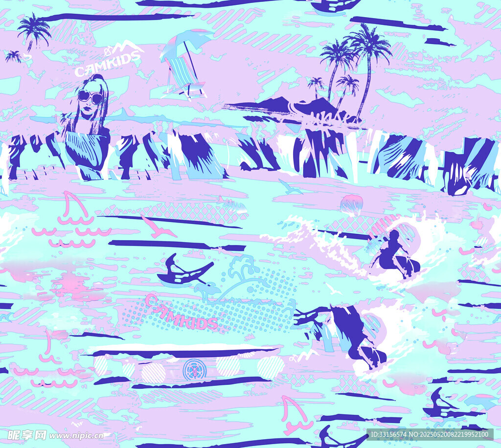 夢幻水彩風夏日海灘圖景