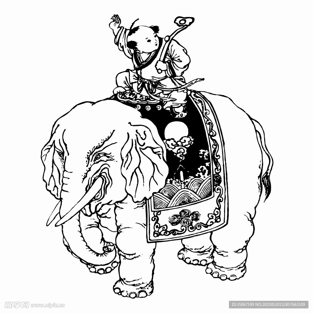 騎象人物黑白插畫