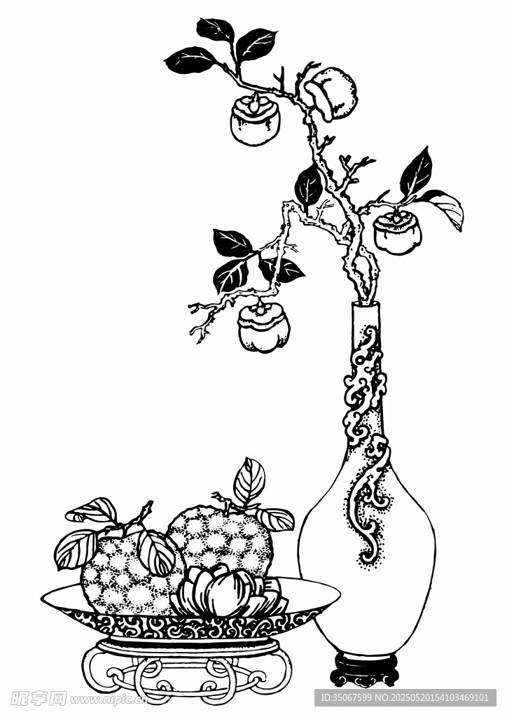 中式花瓶與果盤靜物圖