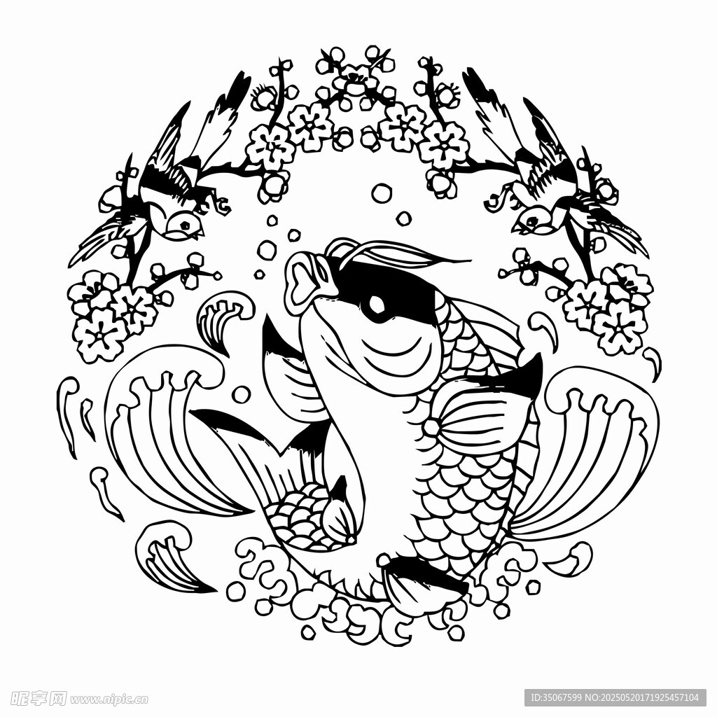 黑白錦鯉插畫圖案設計