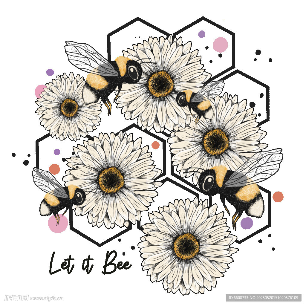 蜜蜂與花朵的夢幻插畫