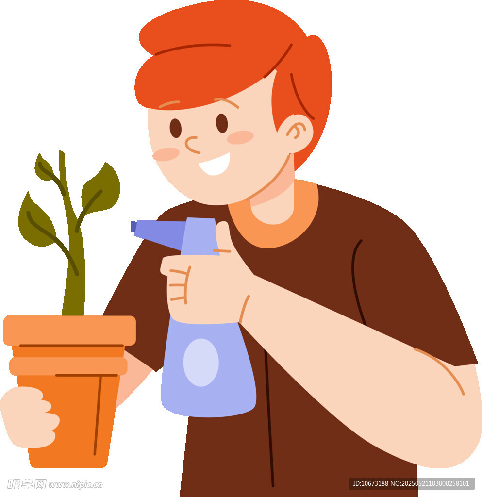 男子細心照料盆栽植物