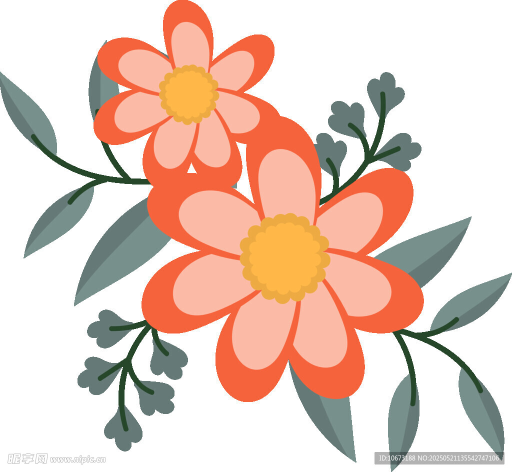 橙色花朵與綠葉插畫(huà)