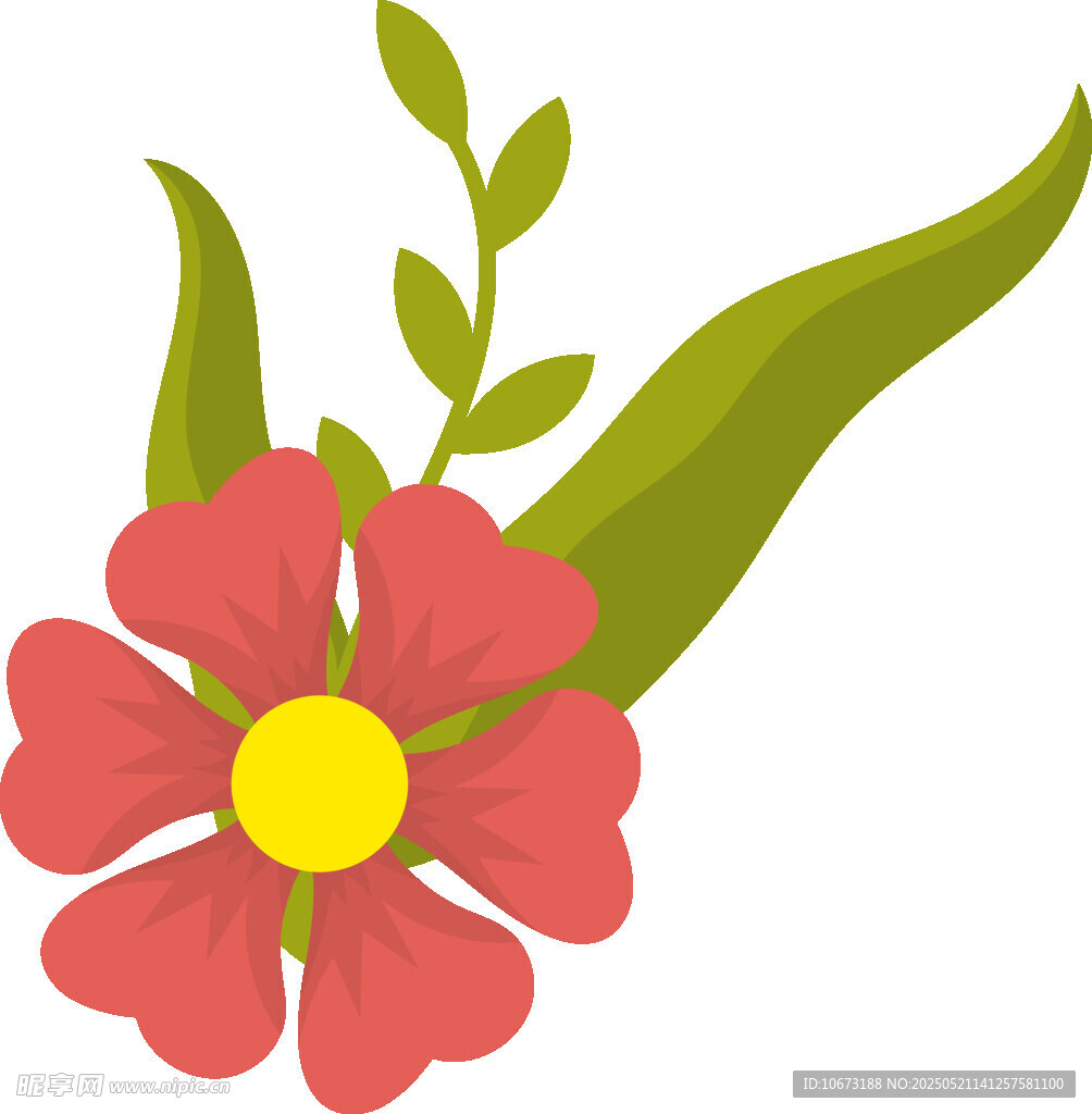 紅色花朵配綠葉插畫