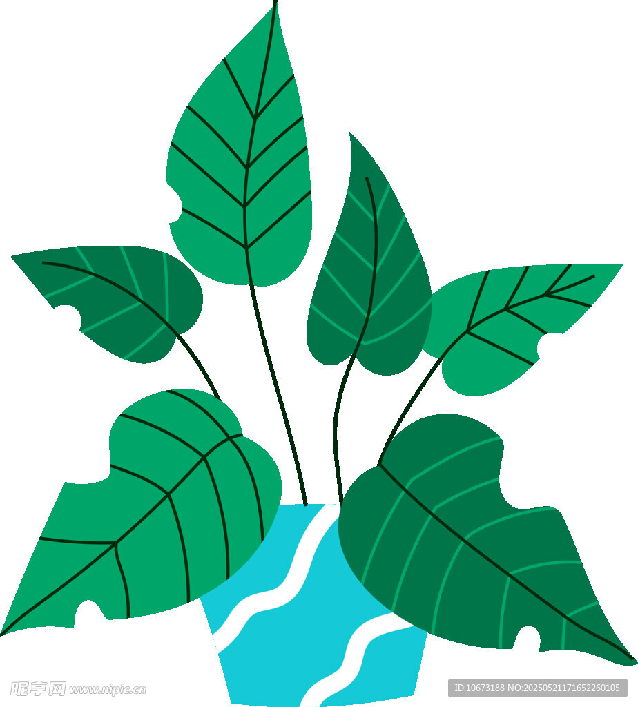 藍盆綠葉植物插畫