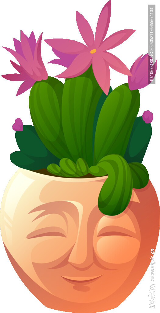 笑臉花盆中的粉色仙人掌