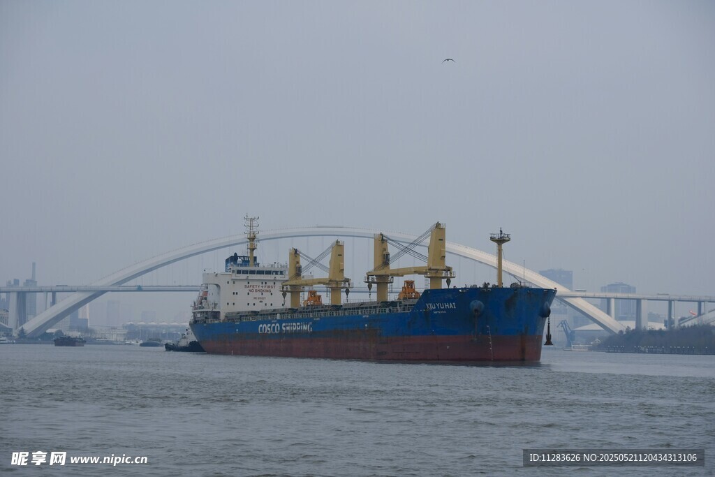 海上貨輪駛過跨海大橋