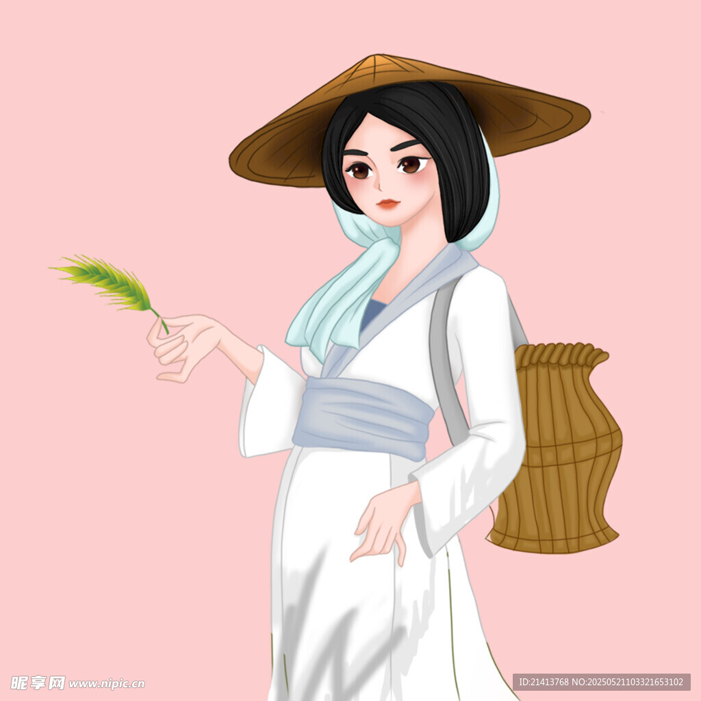 古風持葉女子背竹簍