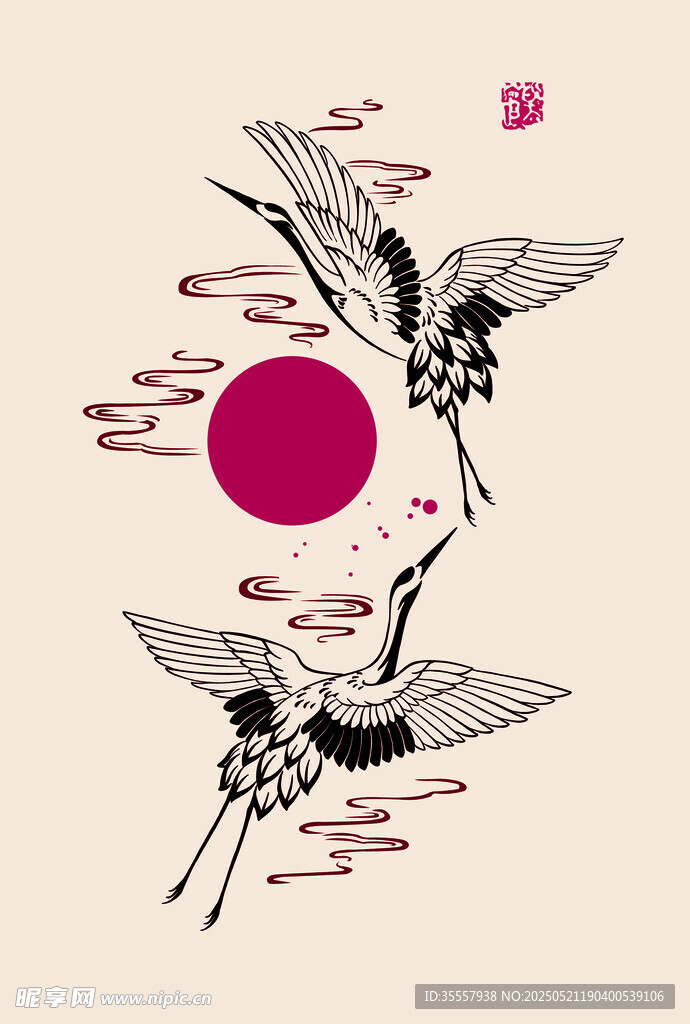 雙鶴朝陽中式風插畫