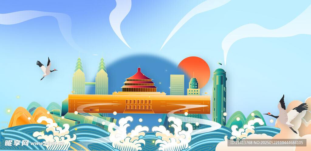 海上城市景觀奇幻插畫