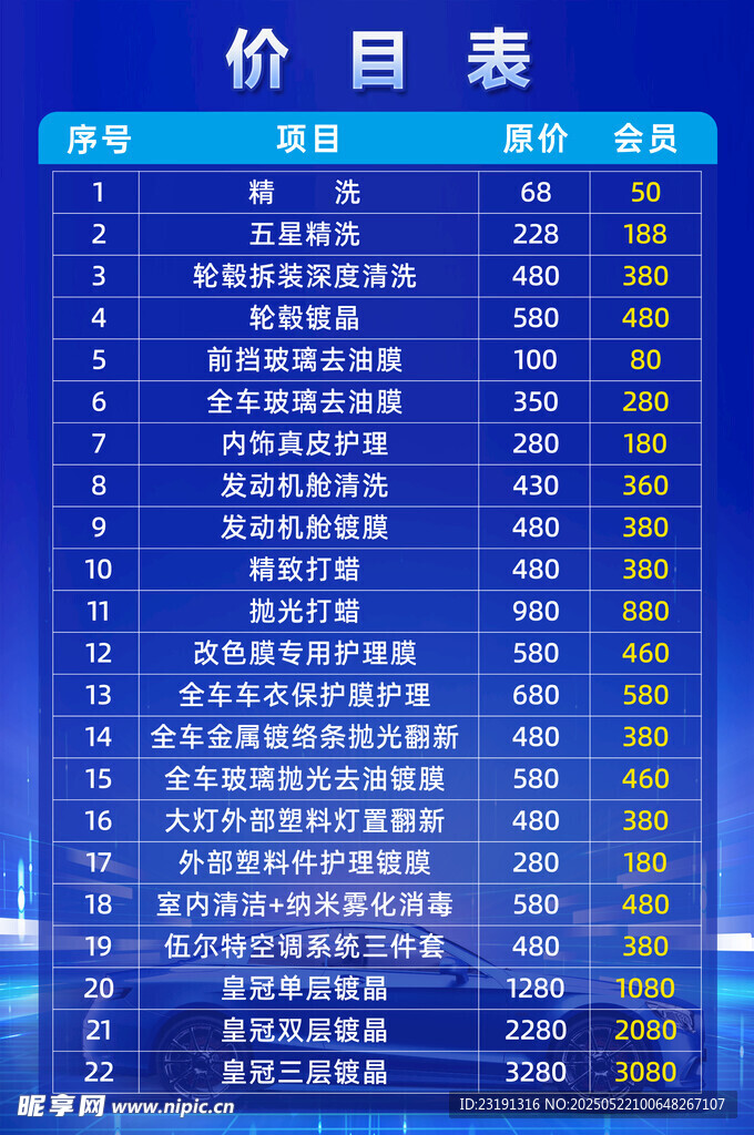 洗車價格表 