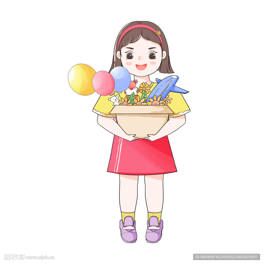 女孩捧籃滿載玩具與氣球