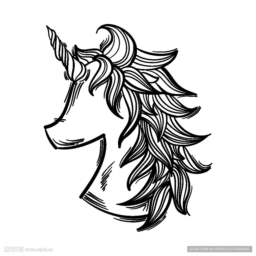 獨(dú)角獸頭部黑白線條插畫(huà)