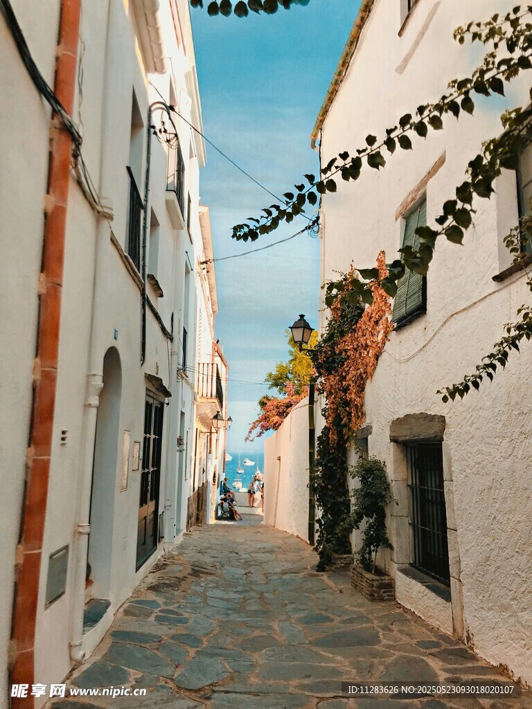 白色小巷中的靜謐風景