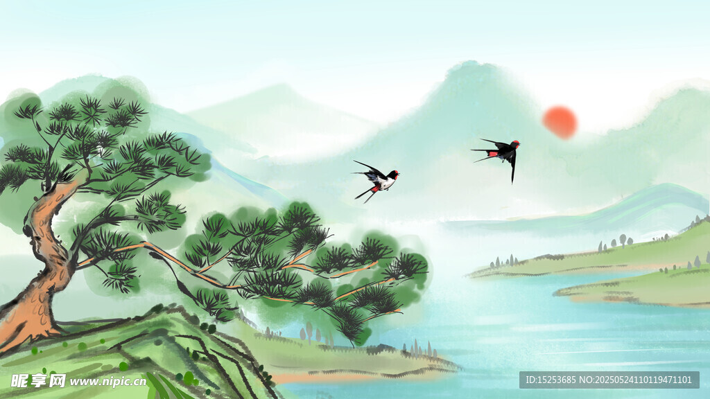 山水間松鶴伴日景