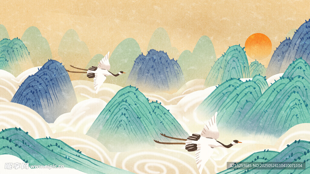 水墨山水間飛鳥伴日景