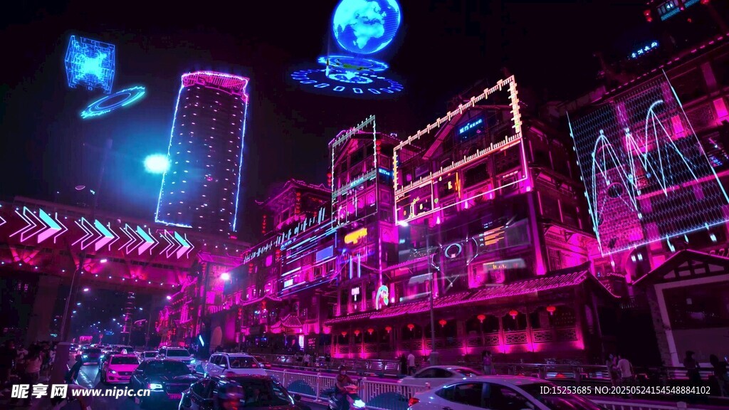 夢幻霓虹燈光下的未來場景