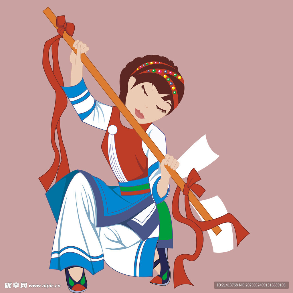 舞動長桿的傳統(tǒng)服飾女孩