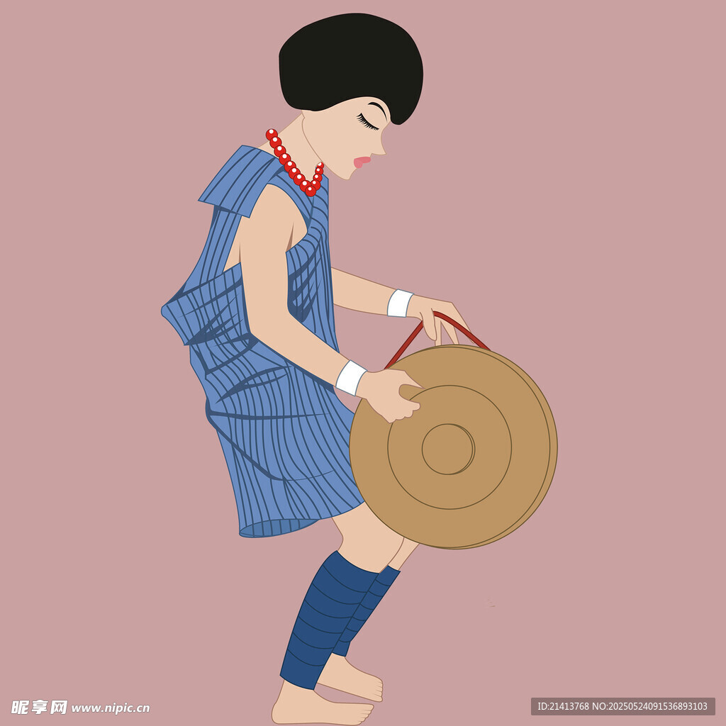 敲銅鑼的傳統(tǒng)服飾孩童