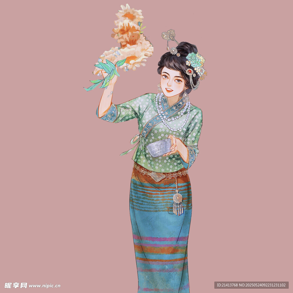 古典旗袍女子手持花飾