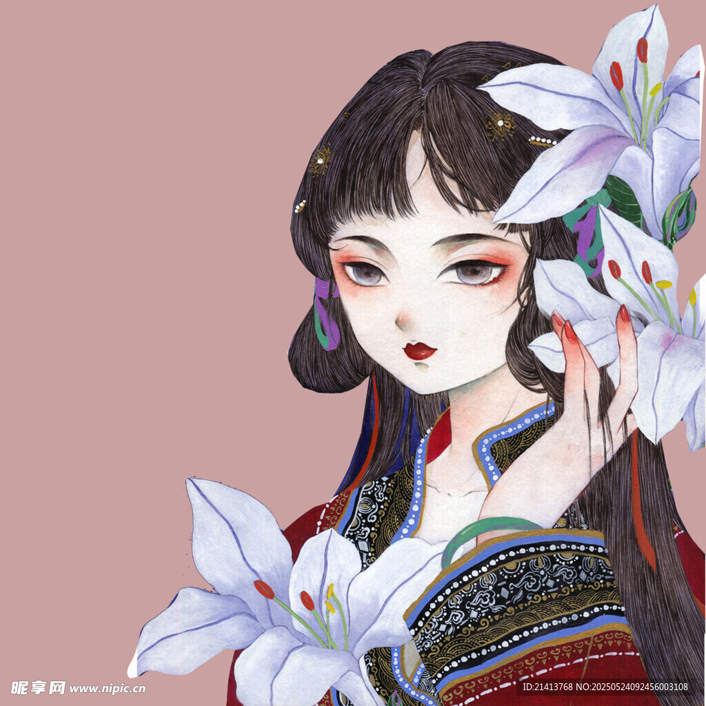 古風(fēng)少女手持百合花