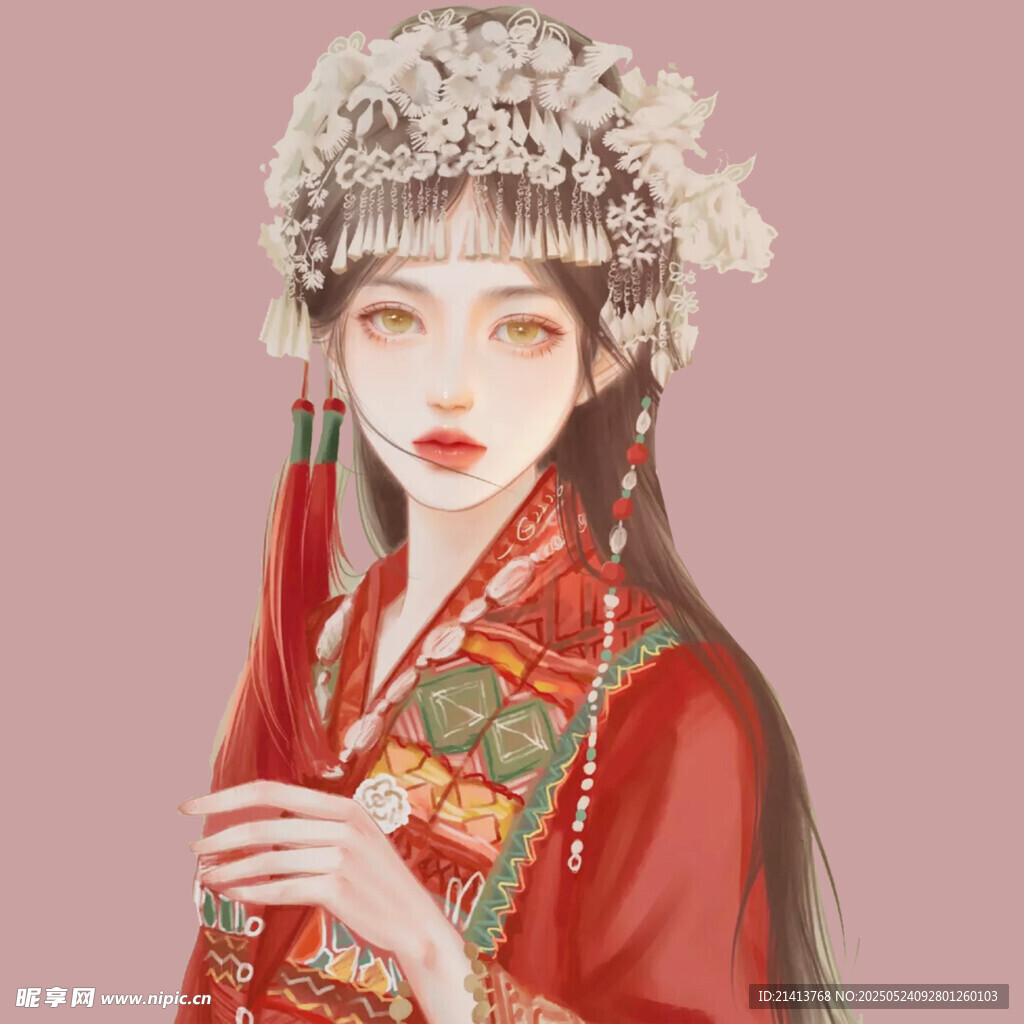 古風紅衣女子頭戴繁花頭飾