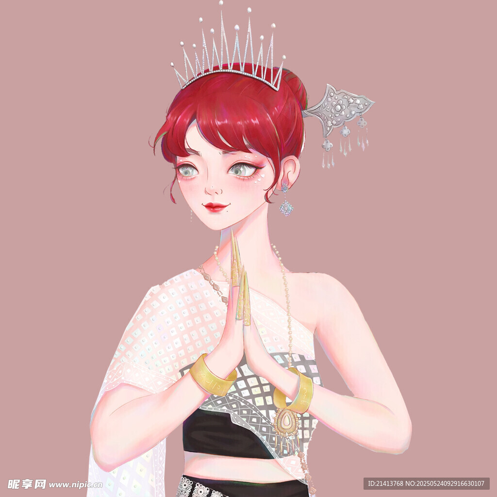 紅發戴冠少女優雅合十